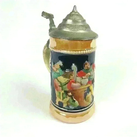 Vintage Beer Stein Pottery Bar Scene Pewter Lid 1921-50s West Germany 0.25 Liter - Picture 2 of 12